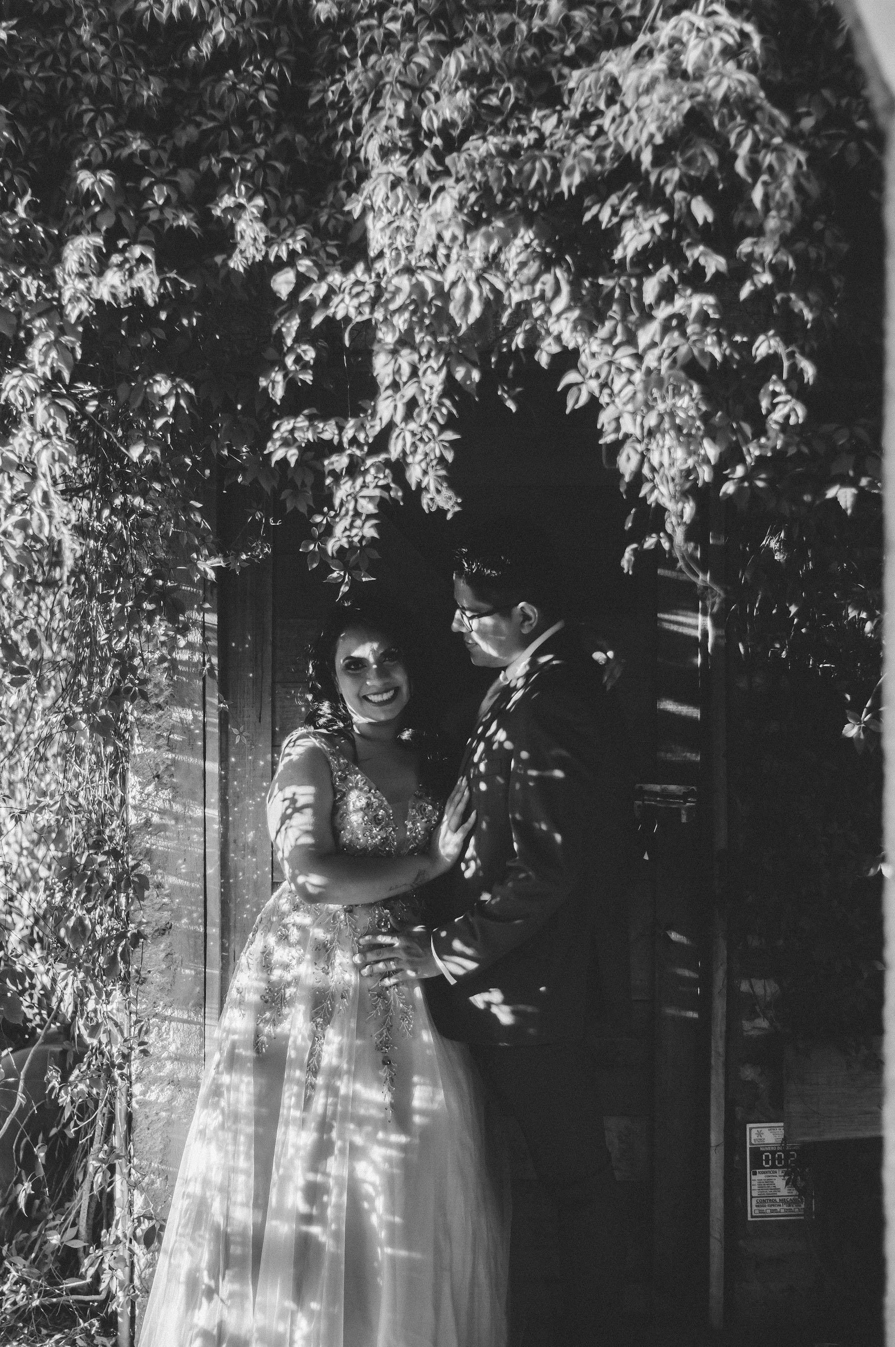 La pareja posa junto a un gran árbol en blanco y negro.